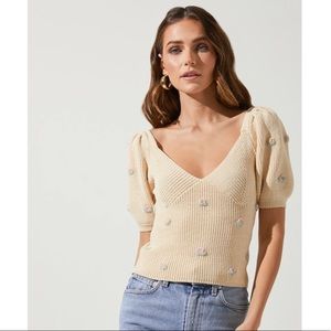Astr Cream V-Neck Puff Sleeve Sweater with Pastel Floral Dots